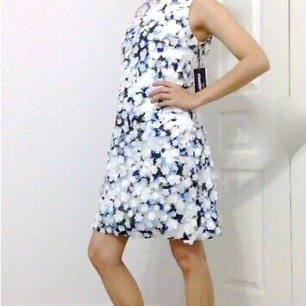 Karl Lagerfeld Paris Black White Blue Floral Print and Applique Sleeveless Shift